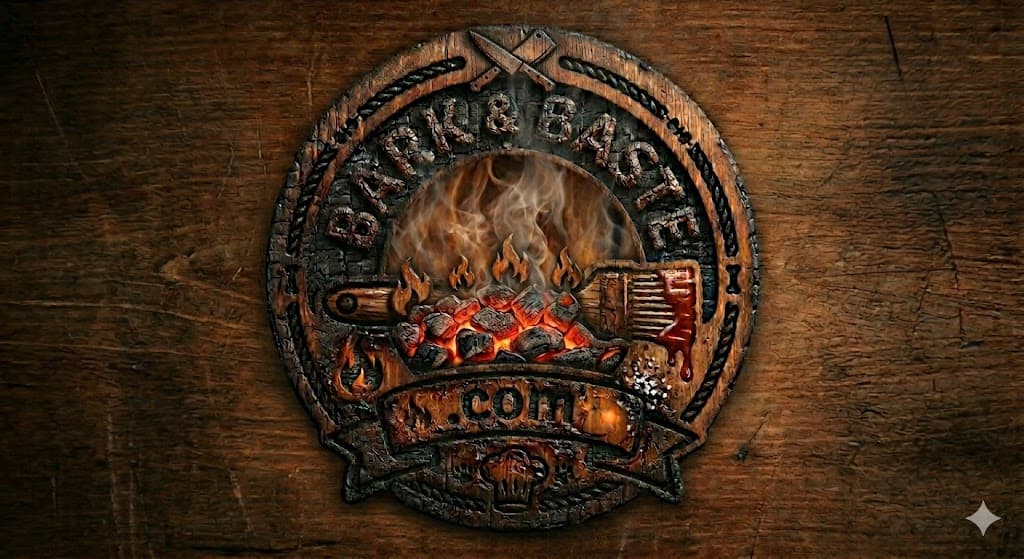 Bark and Baste logo plaque with live-fire pit artwork